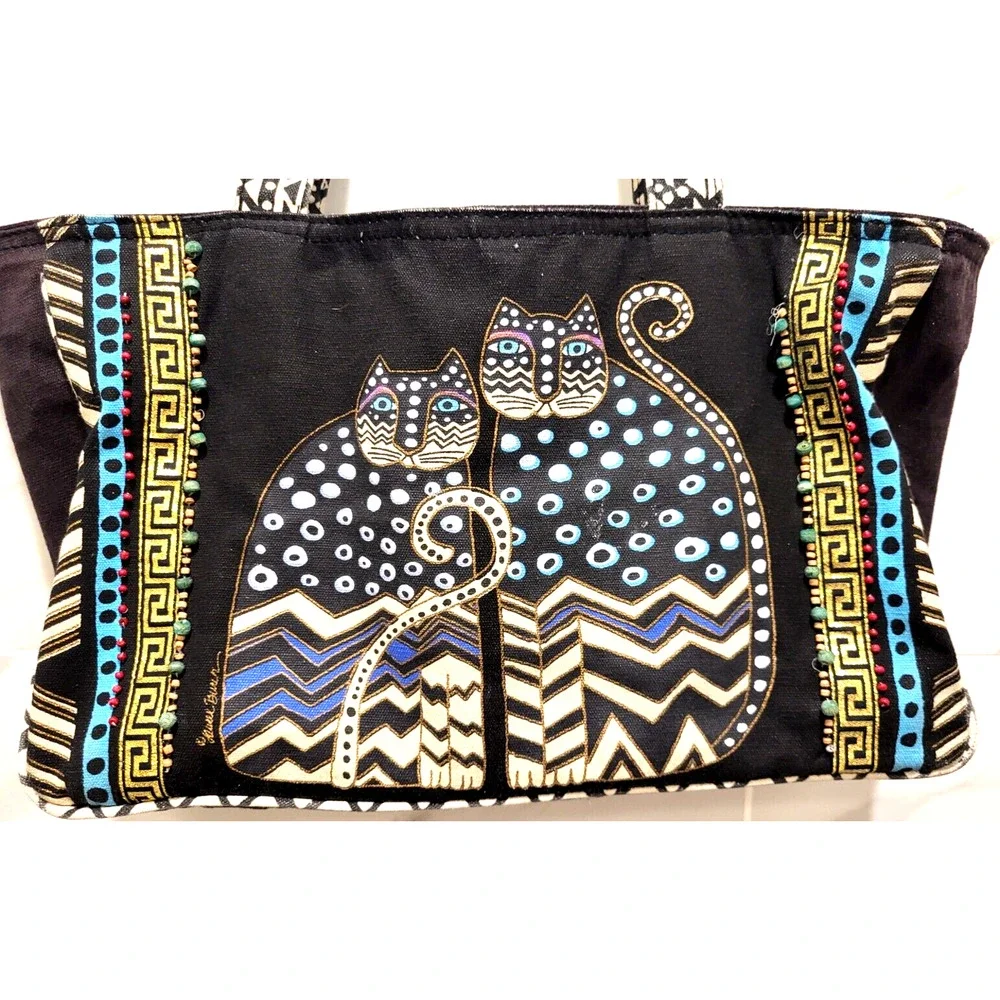 Laurel Burch Black Cotton Cat Tote Bead Trim Gold Braid Double Handles 16x9x4.5